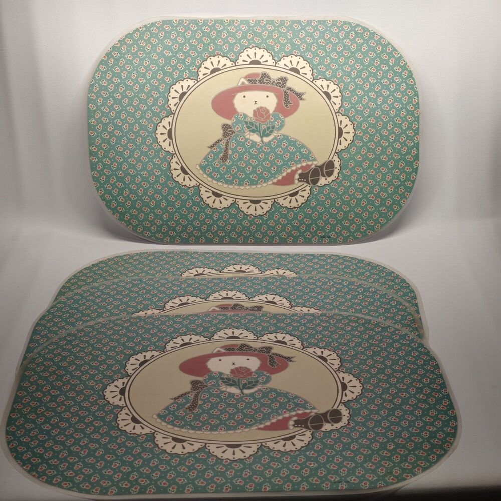 Vintage 1988 CHD Cat Placemats Set of 4 Reversible Floral Rose Cottagecore Decor